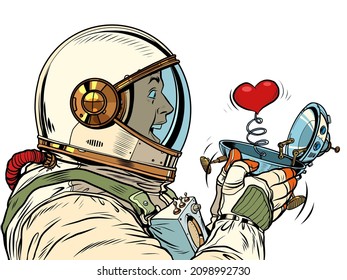 Surprised male astronaut looks at a red heart in a UFO flying ship box valentine surprise greeting, love romance. Pop Art Retro Vector Illustration 50s 60s Vintage kitsch Style