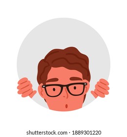 Surprised male teenager in glasses peeping through circle hole vector flat illustration. Amazed curious man watching into rounded frame isolated on white. Shocked man searching or seeking something. 