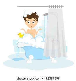 Surprised man in the bathroom. Awkward situation. Man washing in the shower with foam and bubbles.