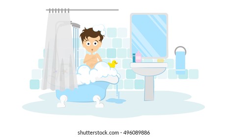 Surprised man in the bathroom. Awkward situation. Man washing in the shower with foam and bubbles.