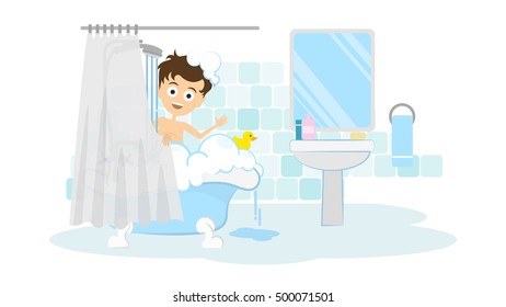 Surprised man in the bathroom. Awkward situation. Man washing in the shower with foam and bubbles.