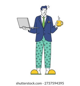 Surprised man in a blazer and polka dot pajamas manages remote work holding a laptop and a hot beverage