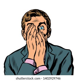 surprised man businessman covered his face with his hands. Pop art retro vector illustration vintage kitsch