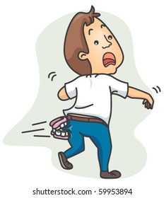 Un hombre sorprendido persigue y morde por sus falsos dientes - vector