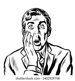 the surprised man covered his face with his hand. Pop art retro vector illustration vintage kitsch