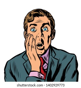 the surprised man covered his face with his hand. Pop art retro vector illustration vintage kitsch