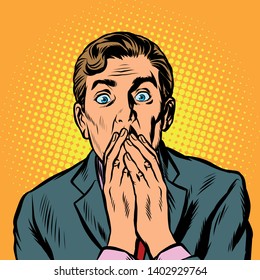 the surprised man covered his mouth with his hands. Pop art retro vector illustration vintage kitsch