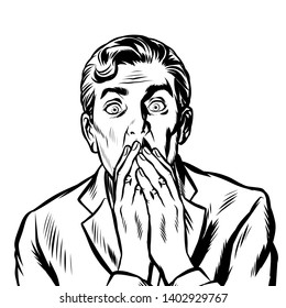 the surprised man covered his mouth with his hands. Pop art retro vector illustration vintage kitsch