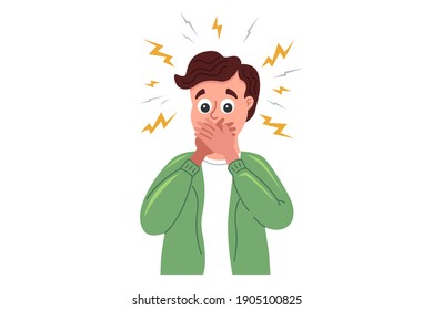 surprised man covers his mouth with his hands in fright. flat character vector illustration isolated on white background.