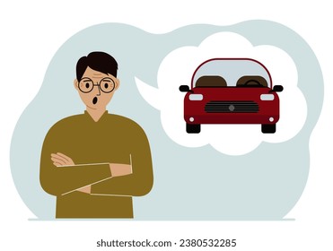 Surprised man dreams of a car. Near the man is a large balloon with a red car. The concept of place, purchase, credit, thought.