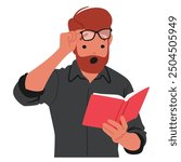 Surprised Man With Glasses And Beard Reading A Book. Male Character Appears To Be Taken Aback By What He Is Reading. Cartoon Vector Illustration Conveys Feelings Of Shock, Curiosity, And Discovery