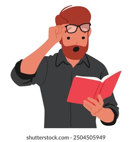 Surprised Man With Glasses And Beard Reading A Book. Male Character Appears To Be Taken Aback By What He Is Reading. Cartoon Vector Illustration Conveys Feelings Of Shock, Curiosity, And Discovery