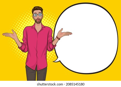 surprised man in glasses hands up surprise gesture with bubble speech  pop art retro comic style.