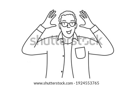 Surprised man with glasses raised his hands up. Hand drawn vector illustration.