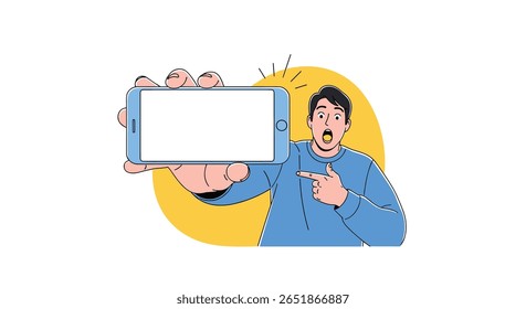 Surprised Man Holding Smartphone Showing Blank Screen and Pointing with Open Mouth Yellow Background Illustration