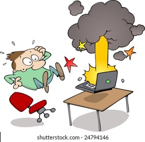 Surprised Man Leaping Back From His Exploding And Smoking Laptop Computer