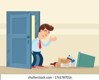 Surprised man looks at the scattered trash on the floor. Inverted garbage bin and trash lie on the floor of the home. Vandalism and harm. Vector illustration, flat design, cartoon style.