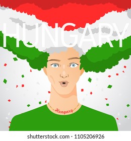 Surprised Man with National Flag in Afro Hair : Hungary : Vector Illustration