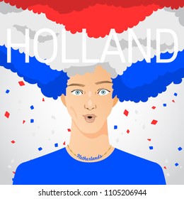 Surprised Man with National Flag in Afro Hair : Holland : Vector Illustration