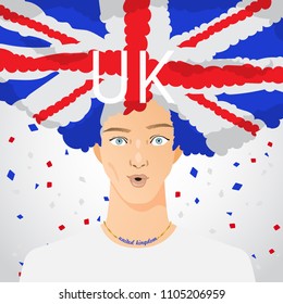 Surprised Man with National Flag in Afro Hair : United Kingdom : Vector Illustration