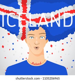 Surprised Man with National Flag in Afro Hair : Iceland : Vector Illustration