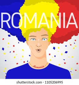 Surprised Man with National Flag in Afro Hair : Romania : Vector Illustration