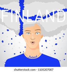 Surprised Man with National Flag in Afro Hair : Finland : Vector Illustration