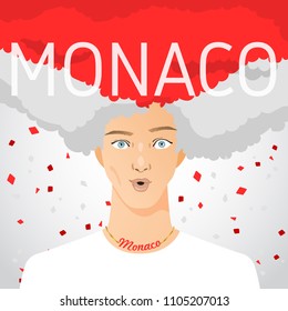Surprised Man with National Flag in Afro Hair : Monaco : Vector Illustration