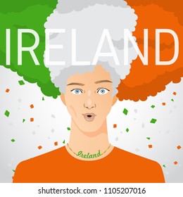 Surprised Man with National Flag in Afro Hair : Ireland : Vector Illustration