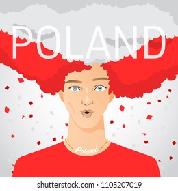 Surprised Man with National Flag in Afro Hair : Poland : Vector Illustration