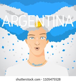 Surprised Man with National Flag in Afro Hair : Argentina : Vector Illustration