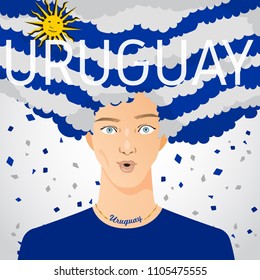 Surprised Man with National Flag in Afro Hair : Uruguay : Vector Illustration