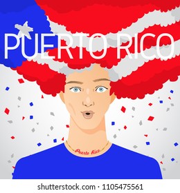 Surprised Man with National Flag in Afro Hair : Puerto Rico : Vector Illustration