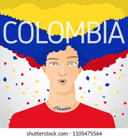 Surprised Man with National Flag in Afro Hair : Colombia : Vector Illustration