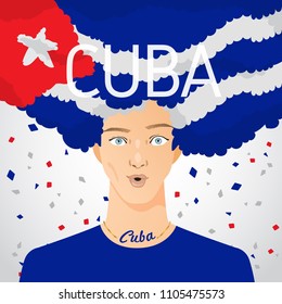 Surprised Man with National Flag in Afro Hair : Cuba : Vector Illustration