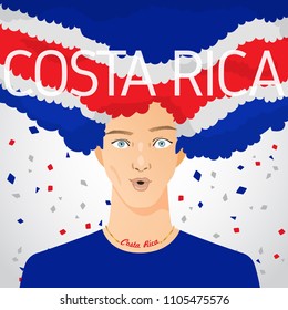 Surprised Man with National Flag in Afro Hair : Costa Rica : Vector Illustration