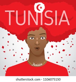Surprised Man with National Flag in Afro Hair : Tunisia : Vector Illustration
