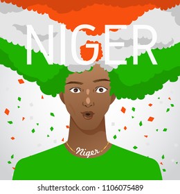 Surprised Man with National Flag in Afro Hair : Niger : Vector Illustration
