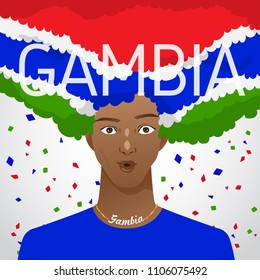 Surprised Man with National Flag in Afro Hair : Gambia : Vector Illustration
