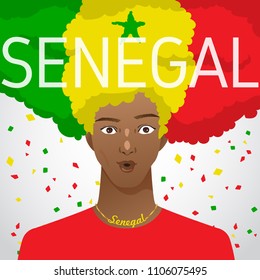 Surprised Man with National Flag in Afro Hair : Senegal : Vector Illustration