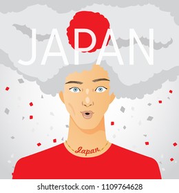 Surprised Man with National Flag in Afro Hair : Japan : Vector Illustration