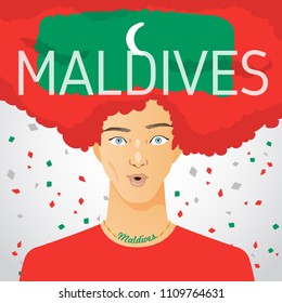Surprised Man with National Flag in Afro Hair : Maldives : Vector Illustration