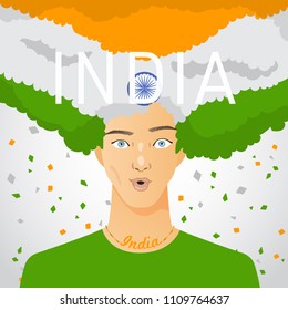 Surprised Man with National Flag in Afro Hair : India : Vector Illustration