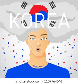 Surprised Man with National Flag in Afro Hair : Korea : Vector Illustration