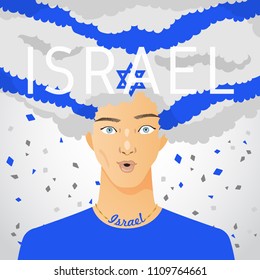 Surprised Man with National Flag in Afro Hair : Israel : Vector Illustration