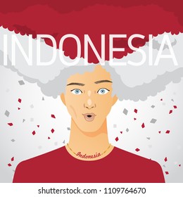 Surprised Man with National Flag in Afro Hair : Indonesia : Vector Illustration