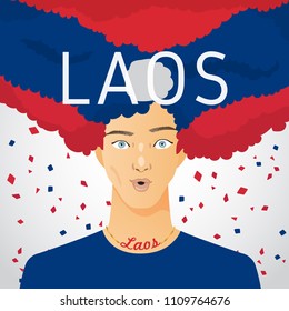 Surprised Man with National Flag in Afro Hair : Laos : Vector Illustration
