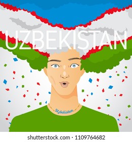 Surprised Man with National Flag in Afro Hair : Uzbekistan : Vector Illustration