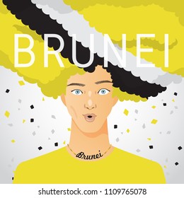 Surprised Man with National Flag in Afro Hair : Brunei : Vector Illustration