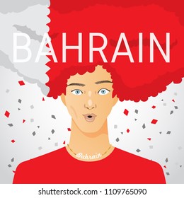 Surprised Man with National Flag in Afro Hair : Bahrain : Vector Illustration